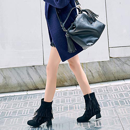 Garggi Flecos Botines Clásica Mujer Tacón Ancho Invierno Boots Cremallera Otoño Mujer Tacón Medio Boots Vintage Tassles Botas Media Pierna Negro Talla 39 Asiática