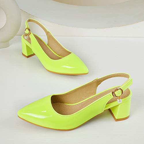 Garggi Tacón Ancho Pump Mujer Puntiagudo Fiesta Slingback Zapatos Tacón Medio Moda Noche Vestido Pump Hebilla Verde Talla 42 EU/44 Asiática