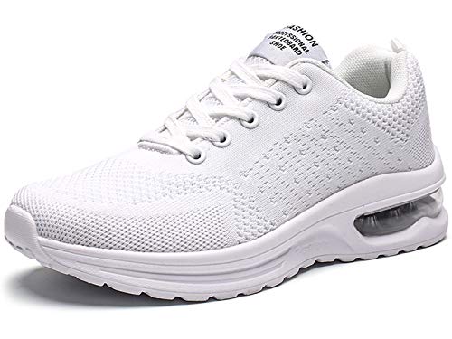 GAXmi Zapatillas Deportivas Mujer Zapatos de Malla Transpirables y Ligeros con Cordones y Cojín de Aire para Running Fitness Blanco 39 EU (Etiqueta 41)