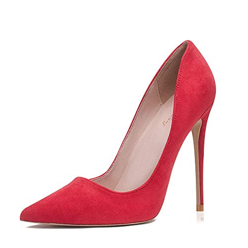 GENSHUO Zapatos de tacón alto para mujer, elegantes, de ante, 12 cm, puntiagudo, talla 35-42 EU, color Rojo, talla 38 EU
