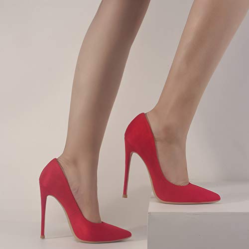 GENSHUO Zapatos de tacón alto para mujer, elegantes, de ante, 12 cm, puntiagudo, talla 35-42 EU, color Rojo, talla 38 EU
