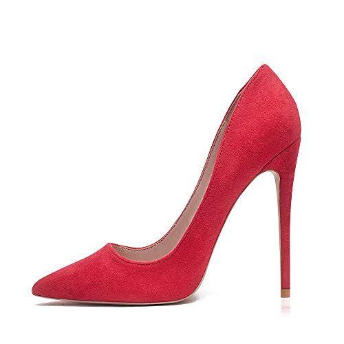 GENSHUO Zapatos de tacón alto para mujer, elegantes, de ante, 12 cm, puntiagudo, talla 35-42 EU, color Rojo, talla 38 EU