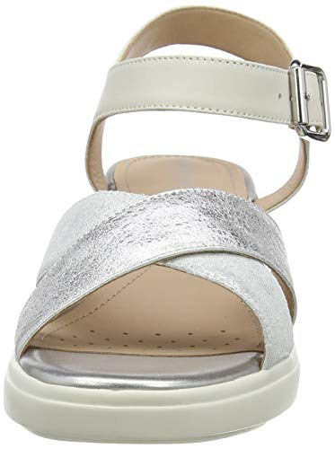 Geox D Pisa D, Sandalias con Punta Abierta Mujer, Plateado (SILVER/OFF WHT C0628), 36 EU