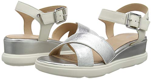 Geox D Pisa D, Sandalias con Punta Abierta Mujer, Plateado (SILVER/OFF WHT C0628), 36 EU