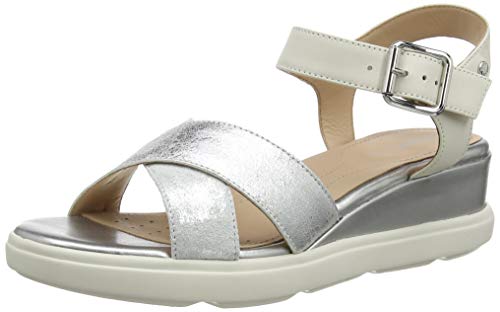 Geox D Pisa D, Sandalias con Punta Abierta Mujer, Plateado (SILVER/OFF WHT C0628), 36 EU