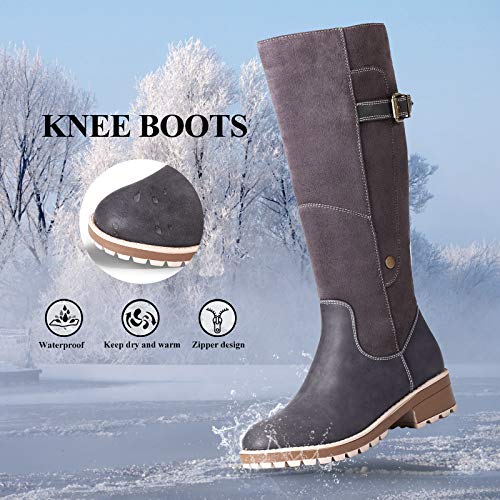 gracosy Botas Altas Mujer Invierno 2020 Zapatos Tacon Ancho Bajo Nieve Piel Forrado Calentitas Botas Antideslizante Peso Ligero Botines Cremallera Casuales