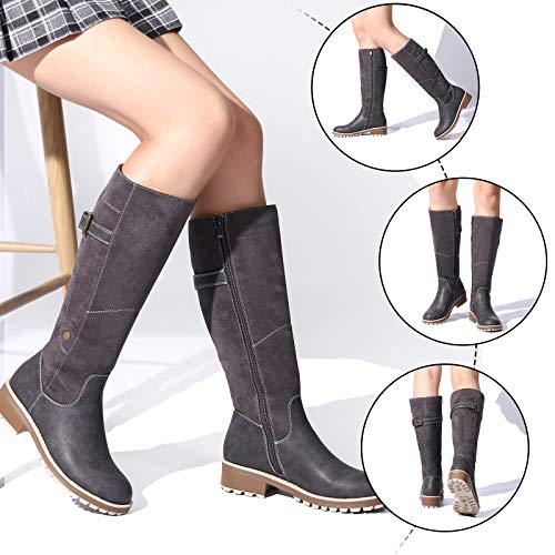 gracosy Botas Altas Mujer Invierno 2020 Zapatos Tacon Ancho Bajo Nieve Piel Forrado Calentitas Botas Antideslizante Peso Ligero Botines Cremallera Casuales