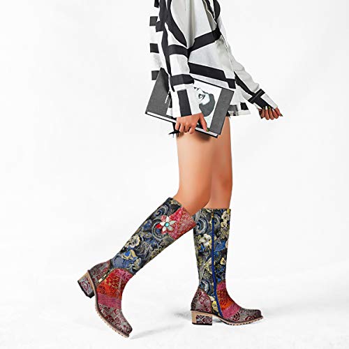 gracosy Botas de Cuero Mujer Otoño e Invierno 2019 Tacon Alto Estilo Bohemio Corte Retro Hecho a Mano Botas de Nieve Patrón de Flores Zapatos Calientes En el Medio Colorido