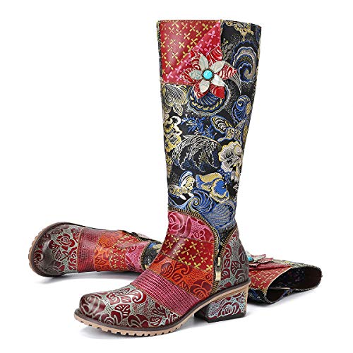 gracosy Botas de Cuero Mujer Otoño e Invierno 2019 Tacon Alto Estilo Bohemio Corte Retro Hecho a Mano Botas de Nieve Patrón de Flores Zapatos Calientes En el Medio Colorido