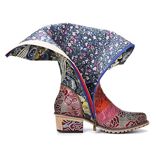 gracosy Botas de Cuero Mujer Otoño e Invierno 2019 Tacon Alto Estilo Bohemio Corte Retro Hecho a Mano Botas de Nieve Patrón de Flores Zapatos Calientes En el Medio Colorido