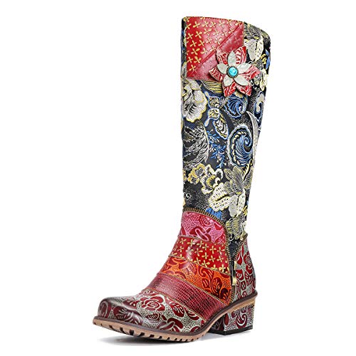 gracosy Botas de Cuero Mujer Otoño e Invierno 2019 Tacon Alto Estilo Bohemio Corte Retro Hecho a Mano Botas de Nieve Patrón de Flores Zapatos Calientes En el Medio Colorido