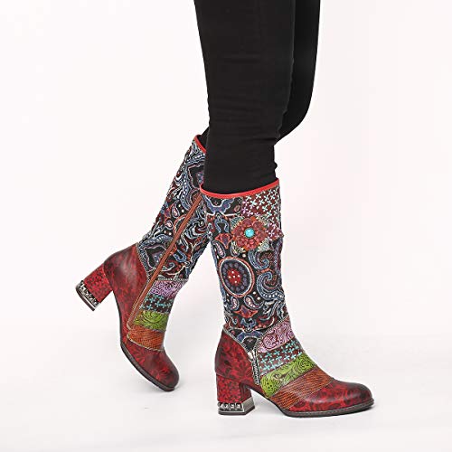 gracosy Botas de Cuero Mujer Otoño e Invierno 2019 Tacon Alto Estilo Bohemio Corte Retro Hecho a Mano Botas de Nieve Patrón de Flores Zapatos Calientes En el Medio Colorido