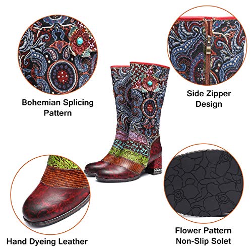 gracosy Botas de Cuero Mujer Otoño e Invierno 2019 Tacon Alto Estilo Bohemio Corte Retro Hecho a Mano Botas de Nieve Patrón de Flores Zapatos Calientes En el Medio Colorido