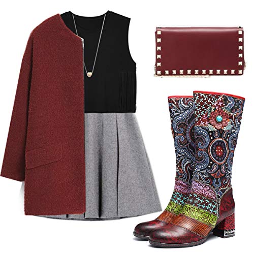 gracosy Botas de Cuero Mujer Otoño e Invierno 2019 Tacon Alto Estilo Bohemio Corte Retro Hecho a Mano Botas de Nieve Patrón de Flores Zapatos Calientes En el Medio Colorido