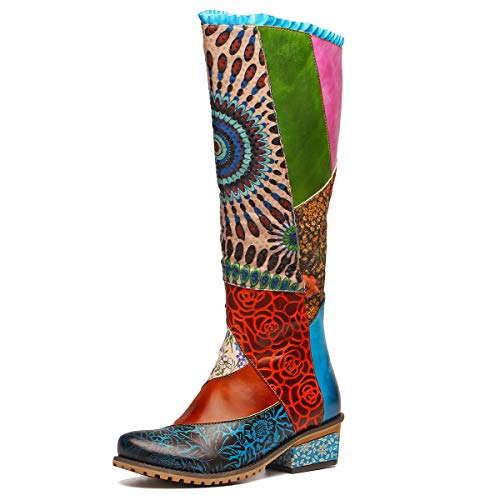 gracosy Botas de Cuero para Mujer Otoño e Invierno Calientes Estilo Nacional Bohemio Patrón de Flores Botas de Equitación Hecho a Mano Moda Moto Tacon Largas Planas