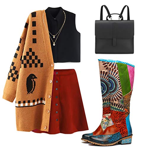 gracosy Botas de Cuero para Mujer Otoño e Invierno Calientes Estilo Nacional Bohemio Patrón de Flores Botas de Equitación Hecho a Mano Moda Moto Tacon Largas Planas