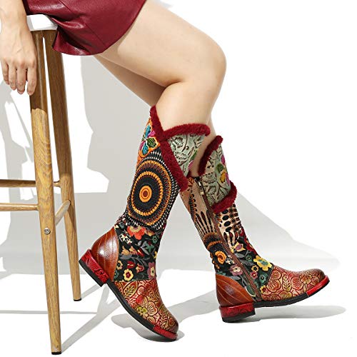 gracosy Botas de Cuero para Mujer Otoño e Invierno Calientes Estilo Nacional Bohemio Patrón de Flores Botas de Equitación Hecho a Mano Moda Moto Tacon Largas Planas