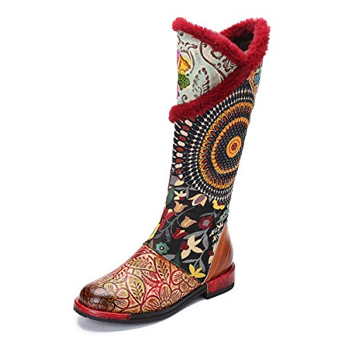 gracosy Botas de Cuero para Mujer Otoño e Invierno Calientes Estilo Nacional Bohemio Patrón de Flores Botas de Equitación Hecho a Mano Moda Moto Tacon Largas Planas