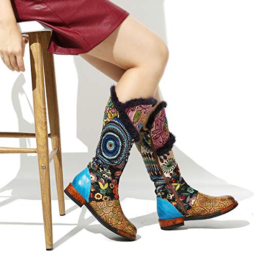 gracosy Botas de Cuero para Mujer Otoño e Invierno Calientes Estilo Nacional Bohemio Patrón de Flores Botas de Equitación Hecho a Mano Moda Moto Tacon Largas Planas