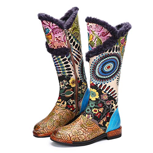 gracosy Botas de Cuero para Mujer Otoño e Invierno Calientes Estilo Nacional Bohemio Patrón de Flores Botas de Equitación Hecho a Mano Moda Moto Tacon Largas Planas