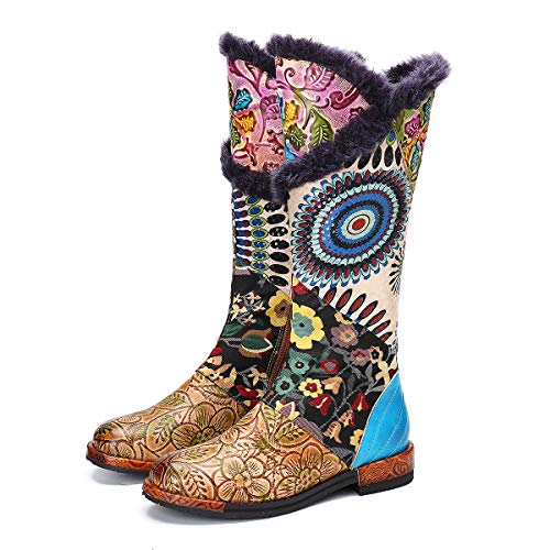 gracosy Botas de Cuero para Mujer Otoño e Invierno Calientes Estilo Nacional Bohemio Patrón de Flores Botas de Equitación Hecho a Mano Moda Moto Tacon Largas Planas