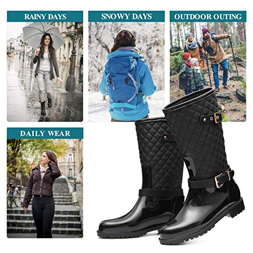 gracosy Botas de Lluvia Mujer Alta Goma Agua Botas al Aire Libre Moda Impermeable Lingge Zapatos de Jardín Wellington Boots Antideslizante Negro Azul
