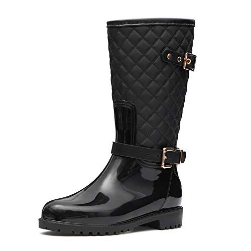 gracosy Botas de Lluvia Mujer Alta Goma Agua Botas al Aire Libre Moda Impermeable Lingge Zapatos de Jardín Wellington Boots Antideslizante Negro Azul