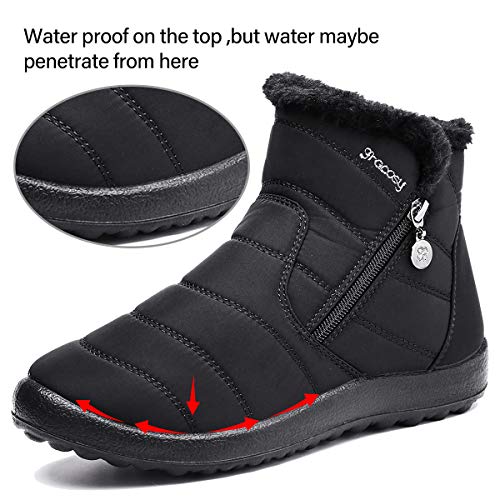 gracosy Botas de Mujer 2020 Otoño Invierno Goma Encaje Forro de Piel Punta Redonda Botas de Nieve Zapatos de Trabajo Formal Calzado Antideslizante Ligero Botines Que Caminan