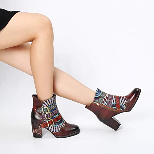 gracosy Botines de Cuero Mujer Otoño e Invierno 2019 Cremallera Botas de Nieve Original Patrón Cómodo Cálido Chelsea Hecho a Mano Buckle Botas de Nieve Tacon Alto Personalidad Paseo Urbano,Marrón