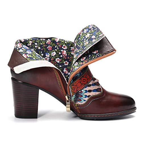 gracosy Botines de Cuero Mujer Otoño e Invierno 2019 Cremallera Botas de Nieve Original Patrón Cómodo Cálido Chelsea Hecho a Mano Buckle Botas de Nieve Tacon Alto Personalidad Paseo Urbano,Marrón