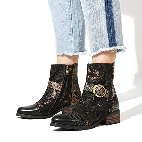 gracosy Botines Mujer 2019 Chelsea Botas Cuero Tacón Plano Bajo Otoño Invierno Antideslizante Ponibles Retro Botas Casuales Cómodo Suela Zpatos Negro Rojo Azul