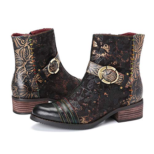 gracosy Botines Mujer 2019 Chelsea Botas Cuero Tacón Plano Bajo Otoño Invierno Antideslizante Ponibles Retro Botas Casuales Cómodo Suela Zpatos Negro Rojo Azul