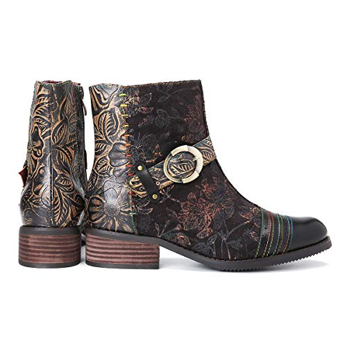 gracosy Botines Mujer 2019 Chelsea Botas Cuero Tacón Plano Bajo Otoño Invierno Antideslizante Ponibles Retro Botas Casuales Cómodo Suela Zpatos Negro Rojo Azul