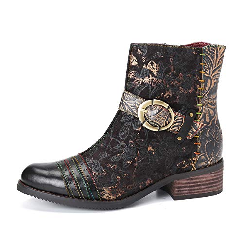 gracosy Botines Mujer 2019 Chelsea Botas Cuero Tacón Plano Bajo Otoño Invierno Antideslizante Ponibles Retro Botas Casuales Cómodo Suela Zpatos Negro Rojo Azul