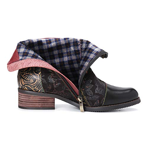 gracosy Botines Mujer 2019 Chelsea Botas Cuero Tacón Plano Bajo Otoño Invierno Antideslizante Ponibles Retro Botas Casuales Cómodo Suela Zpatos Negro Rojo Azul