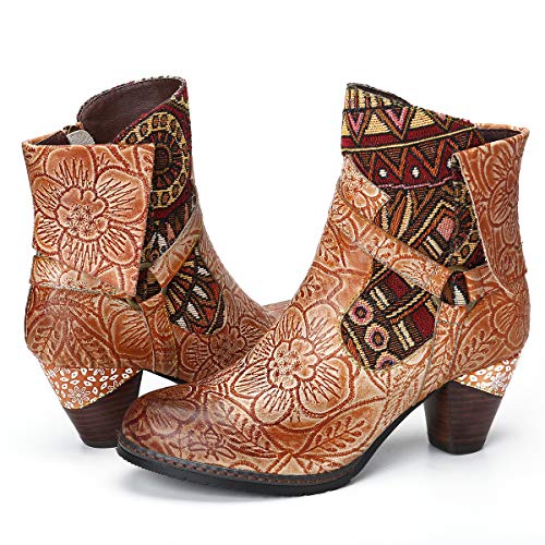 gracosy Botines Mujer Chelsea Botas Cuero Bajo Bloque Tacón Botas Invierno Retro Bohemio Nieve Botas Antideslizante Empalme Estilo Cremallera