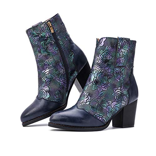 gracosy Botines Mujer Chelsea Botas Cuero Bajo Bloque Tacón Invierno Antideslizante Botas Retro Bohemio Empalme PatrónEstilo Cremallera Rojo