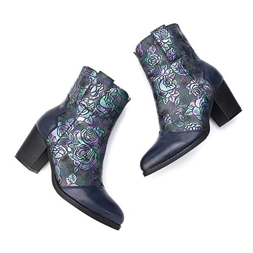 gracosy Botines Mujer Chelsea Botas Cuero Bajo Bloque Tacón Invierno Antideslizante Botas Retro Bohemio Empalme PatrónEstilo Cremallera Rojo