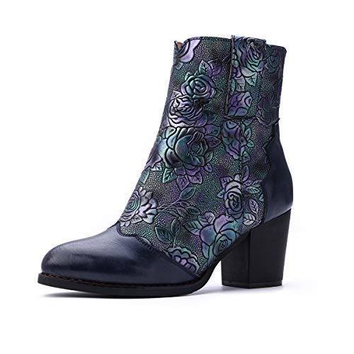 gracosy Botines Mujer Chelsea Botas Cuero Bajo Bloque Tacón Invierno Antideslizante Botas Retro Bohemio Empalme PatrónEstilo Cremallera Rojo