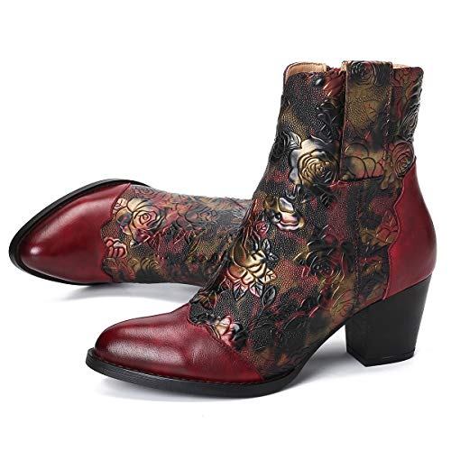 gracosy Botines Mujer Chelsea Botas Cuero Bajo Bloque Tacón Invierno Antideslizante Botas Retro Bohemio Empalme PatrónEstilo Cremallera Rojo