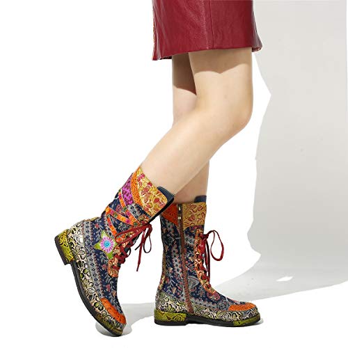 gracosy Botines Mujer Media Botas Becerro Plano Tacón Forrado de Piel Calentar Botas Otoño Invierno Bohemio Empalme Patrón Caminar Botas Cordones