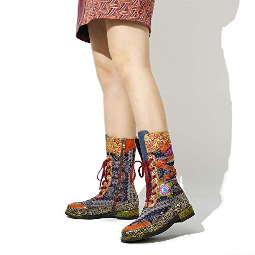 gracosy Botines Mujer Media Botas Becerro Plano Tacón Forrado de Piel Calentar Botas Otoño Invierno Bohemio Empalme Patrón Caminar Botas Cordones