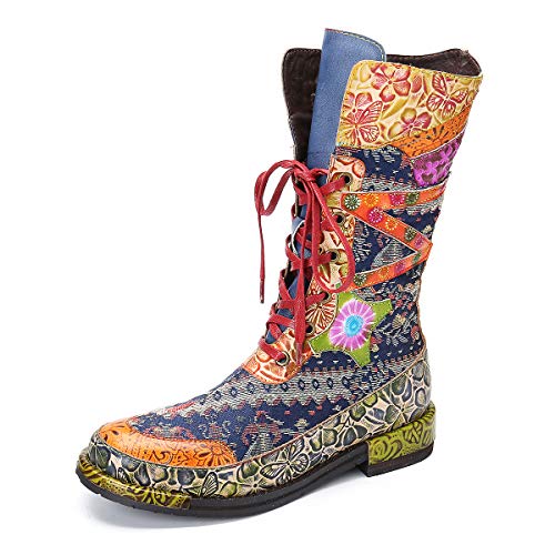 gracosy Botines Mujer Media Botas Becerro Plano Tacón Forrado de Piel Calentar Botas Otoño Invierno Bohemio Empalme Patrón Caminar Botas Cordones