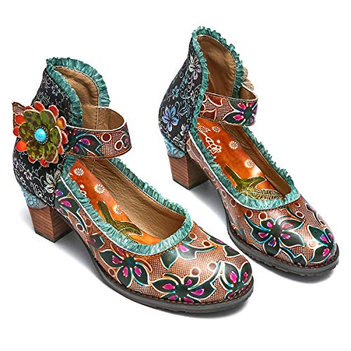 gracosy Cuero Zapatos de Tacón Medio de Mujer, Verano Primavera Fabricados a Mano con un Flores Tamaño 37-42 Rojo Verde Azul Hebilla Diseño Elegante y Moderno Estilo Bohemia