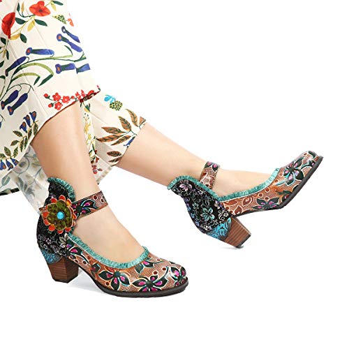 gracosy Cuero Zapatos de Tacón Medio de Mujer, Verano Primavera Fabricados a Mano con un Flores Tamaño 37-42 Rojo Verde Azul Hebilla Diseño Elegante y Moderno Estilo Bohemia