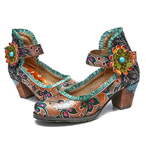 gracosy Cuero Zapatos de Tacón Medio de Mujer, Verano Primavera Fabricados a Mano con un Flores Tamaño 37-42 Rojo Verde Azul Hebilla Diseño Elegante y Moderno Estilo Bohemia