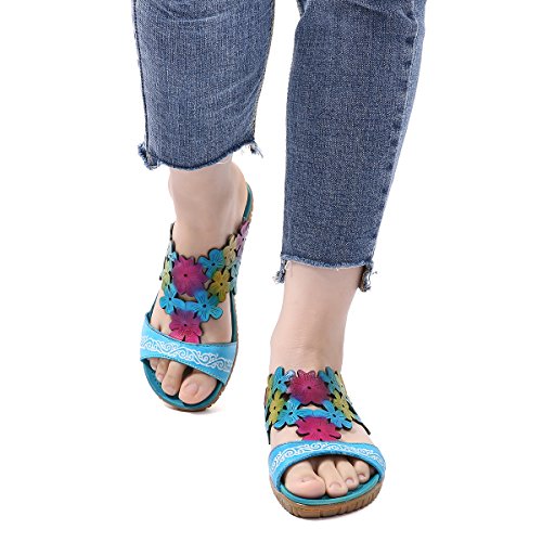 gracosy Deslizamiento Mujer Zapatillas Cuero Mule Zuecos Playa Zapatos Planos Verano Damas Bohemia Sandalias Romanas Post Tanga Chanclas Punta Abierta Al Aire Libre Cómodo para Caminar Casuales