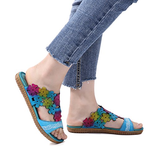 gracosy Deslizamiento Mujer Zapatillas Cuero Mule Zuecos Playa Zapatos Planos Verano Damas Bohemia Sandalias Romanas Post Tanga Chanclas Punta Abierta Al Aire Libre Cómodo para Caminar Casuales