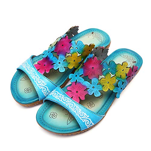gracosy Deslizamiento Mujer Zapatillas Cuero Mule Zuecos Playa Zapatos Planos Verano Damas Bohemia Sandalias Romanas Post Tanga Chanclas Punta Abierta Al Aire Libre Cómodo para Caminar Casuales