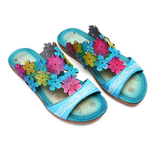 gracosy Deslizamiento Mujer Zapatillas Cuero Mule Zuecos Playa Zapatos Planos Verano Damas Bohemia Sandalias Romanas Post Tanga Chanclas Punta Abierta Al Aire Libre Cómodo para Caminar Casuales